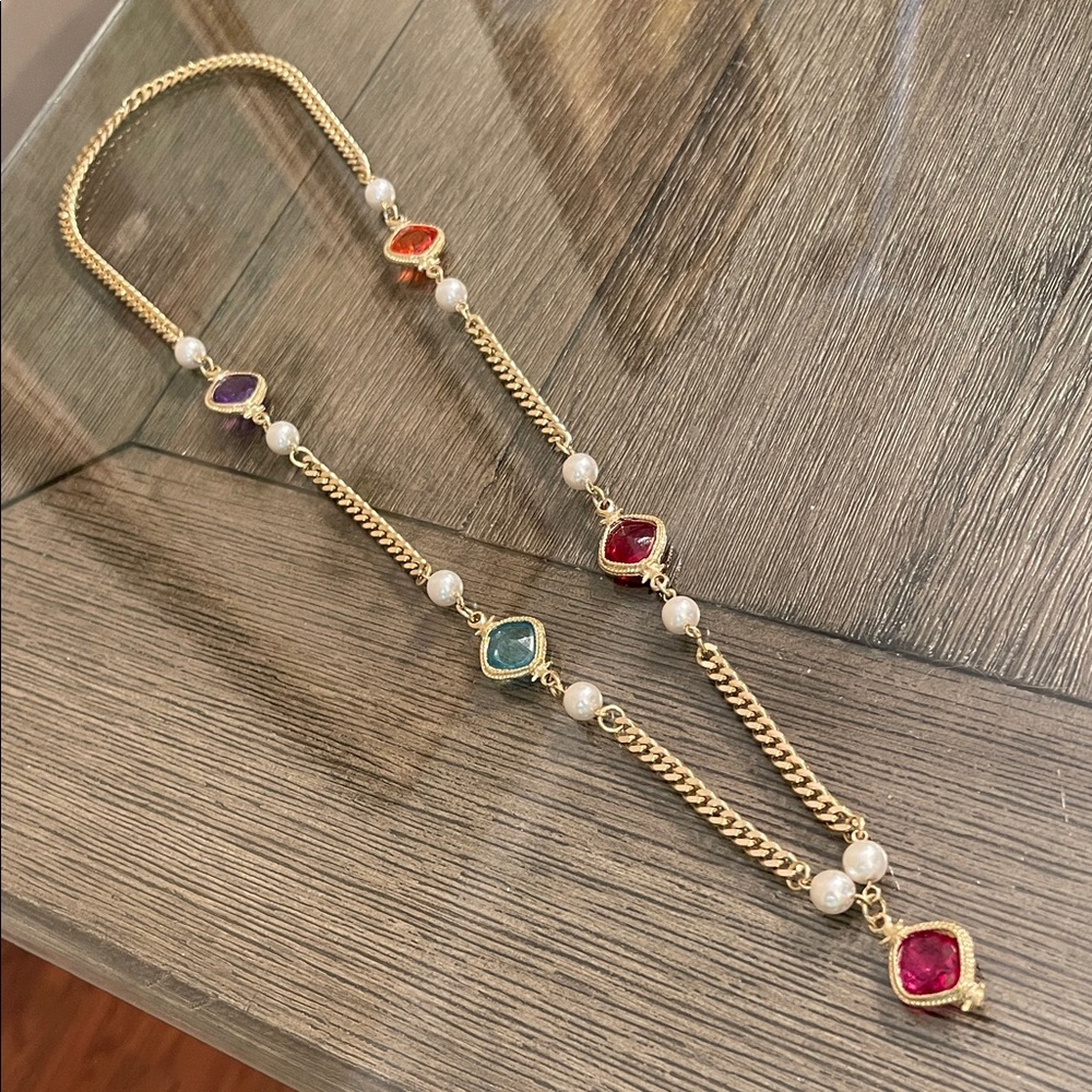 Vintage Chain Necklace with Multicolor Station Faux Gemstones & Pearls